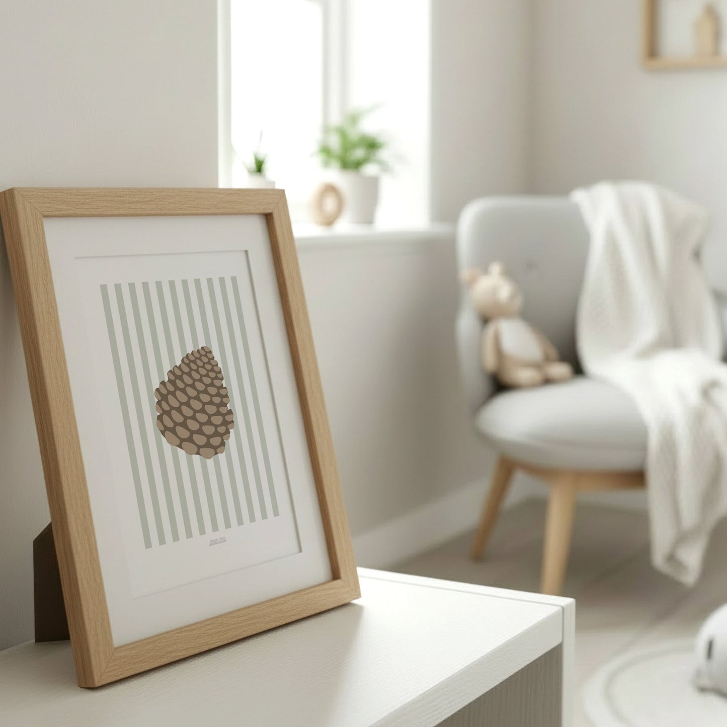 Children's Woodland Pinecone Print - Sage Green Stripes