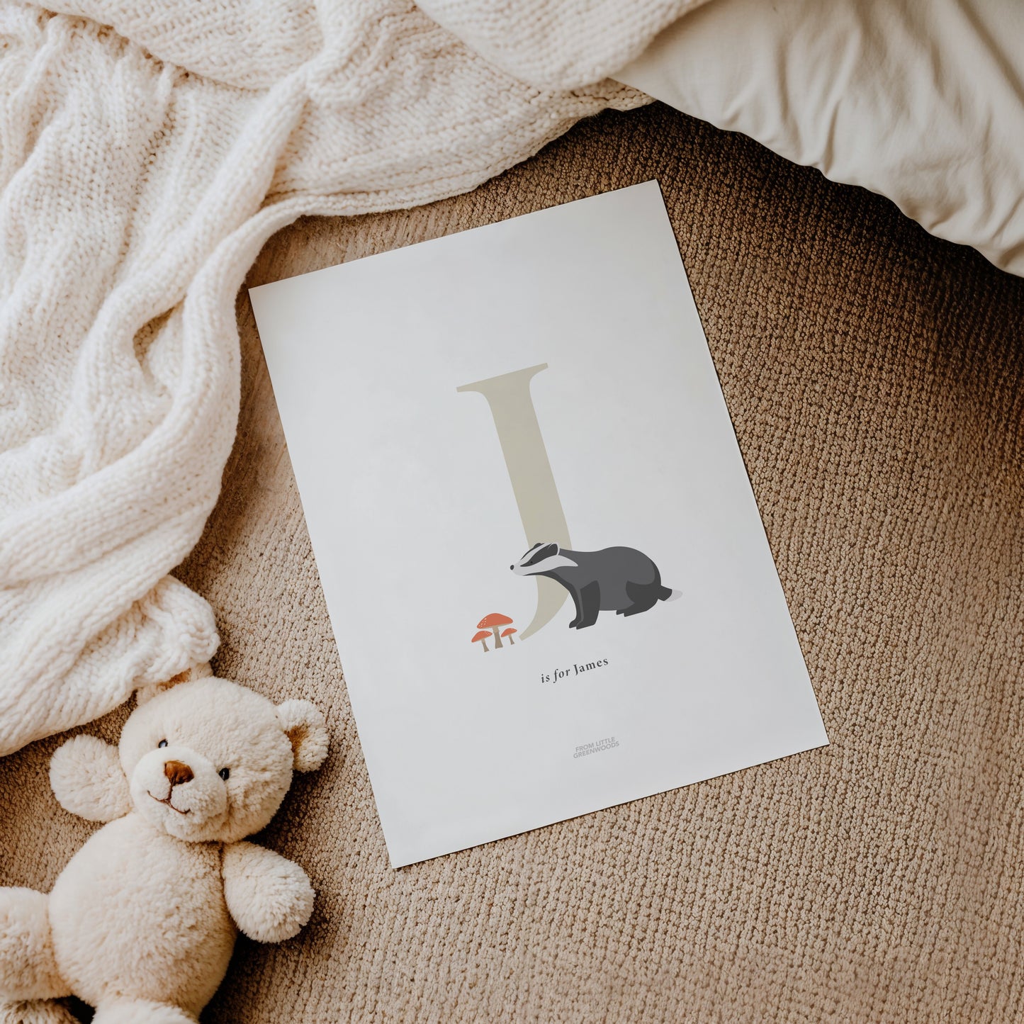 Personalised Woodland Badger Initial Print - Oatmeal