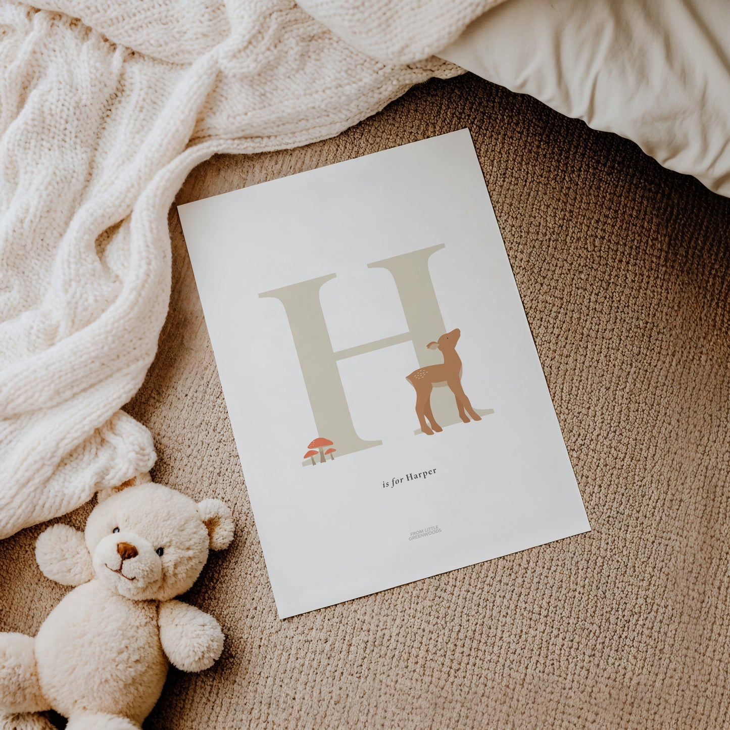 Personalised Woodland Deer Initial Print - Oatmeal