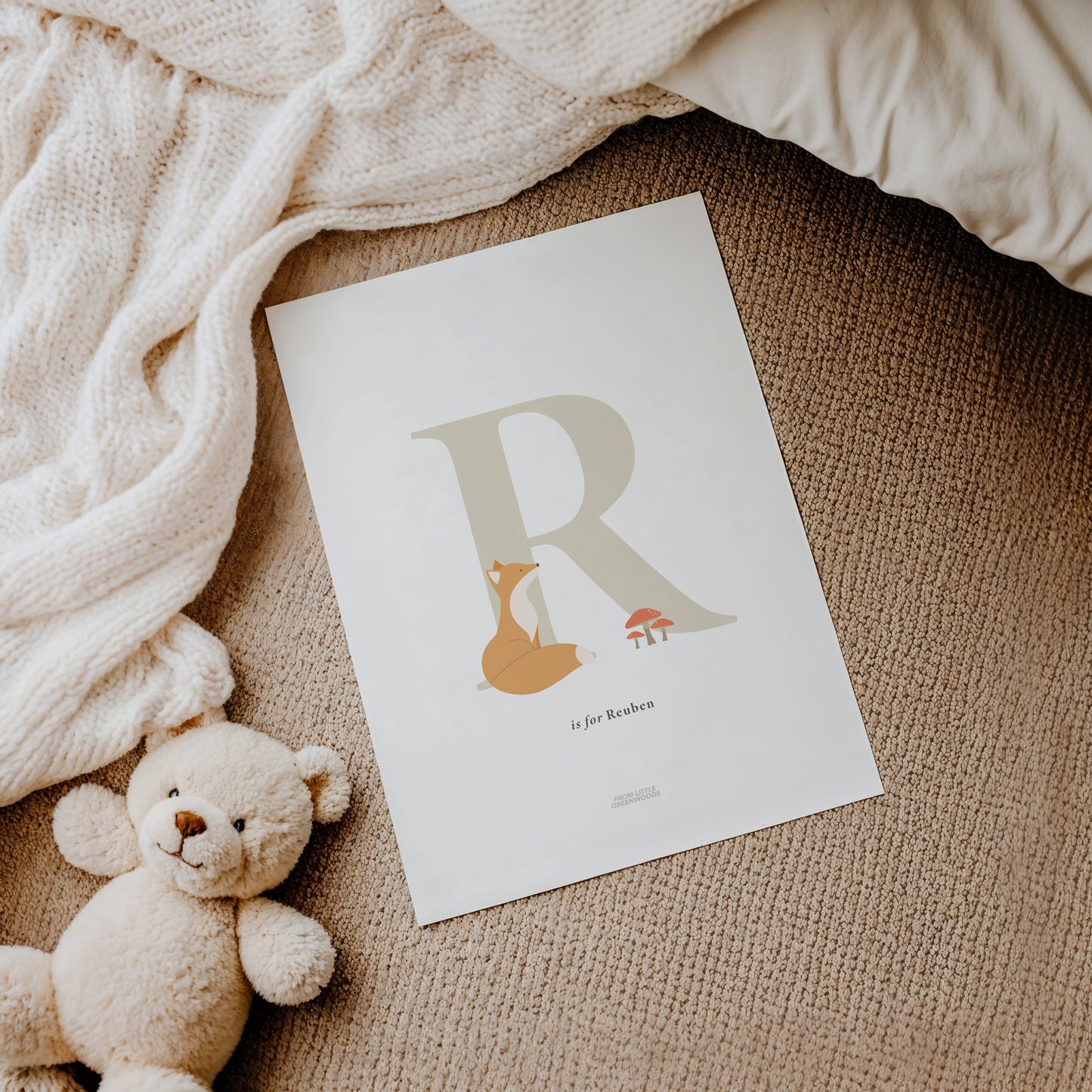 Personalised Woodland Fox Initial Print - Oatmeal