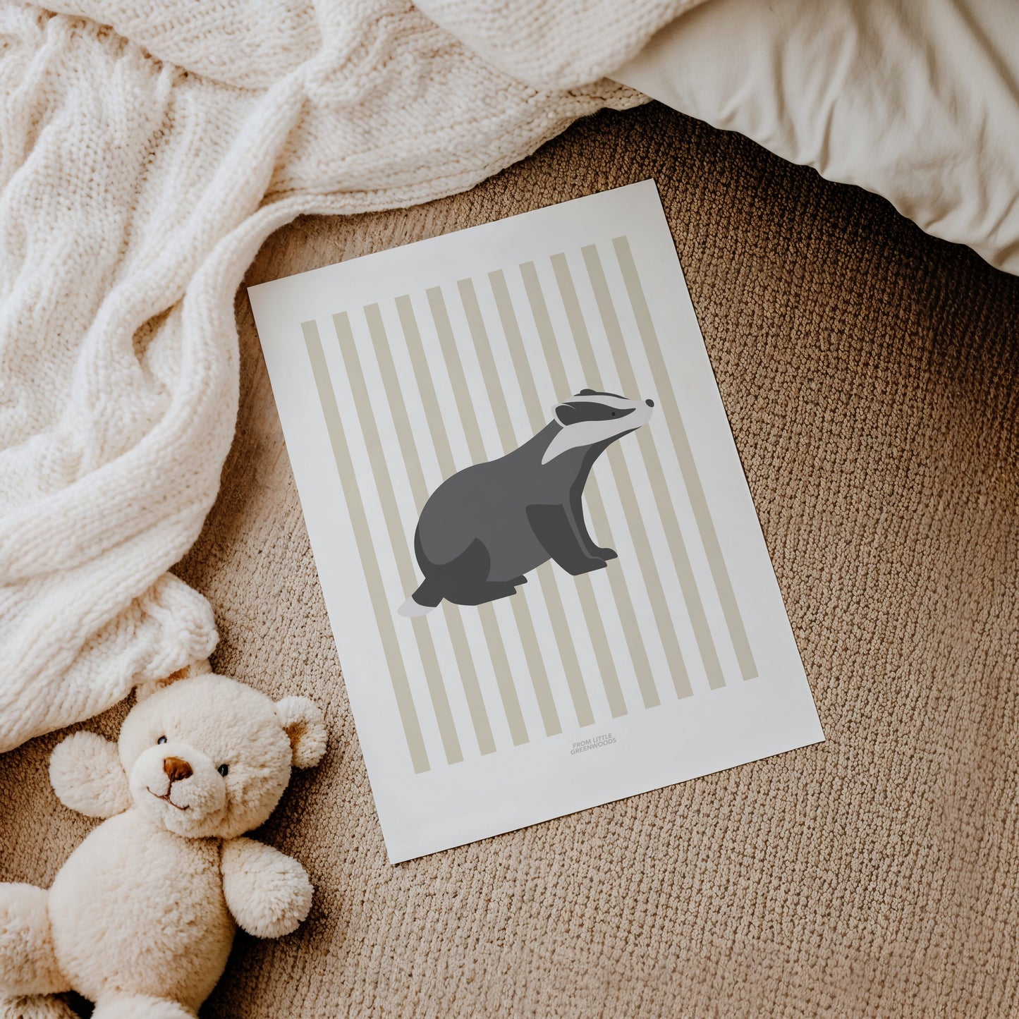Children's Woodland Badger Print - Oatmeal Stripes