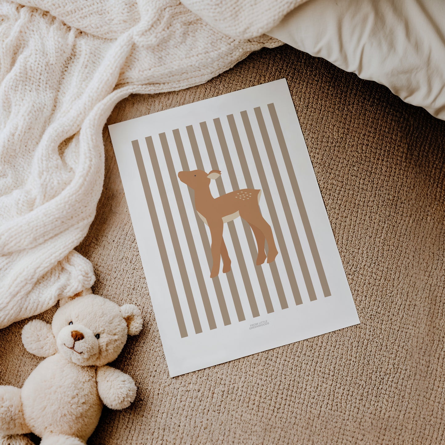 Children's Woodland Deer Print - Brown Stripes