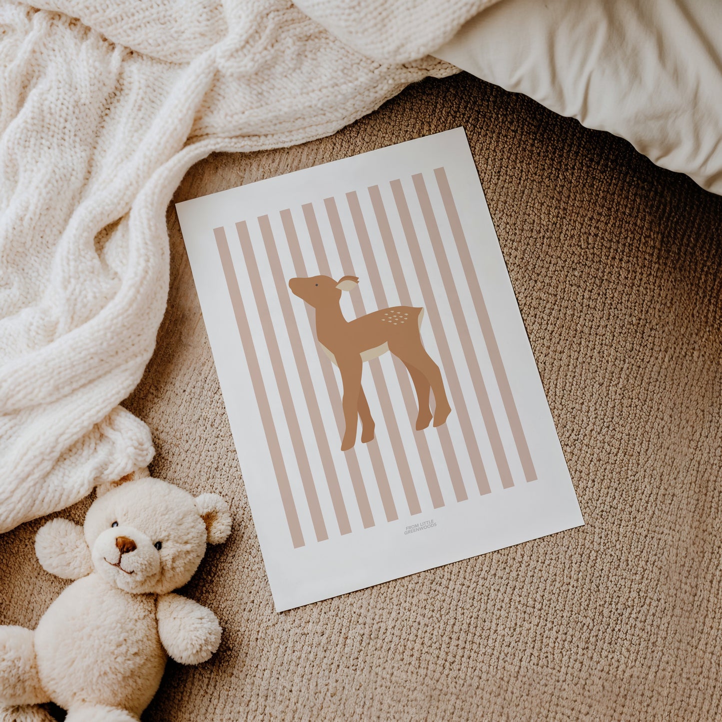 Children's Woodland Deer Print - Pink Stripes