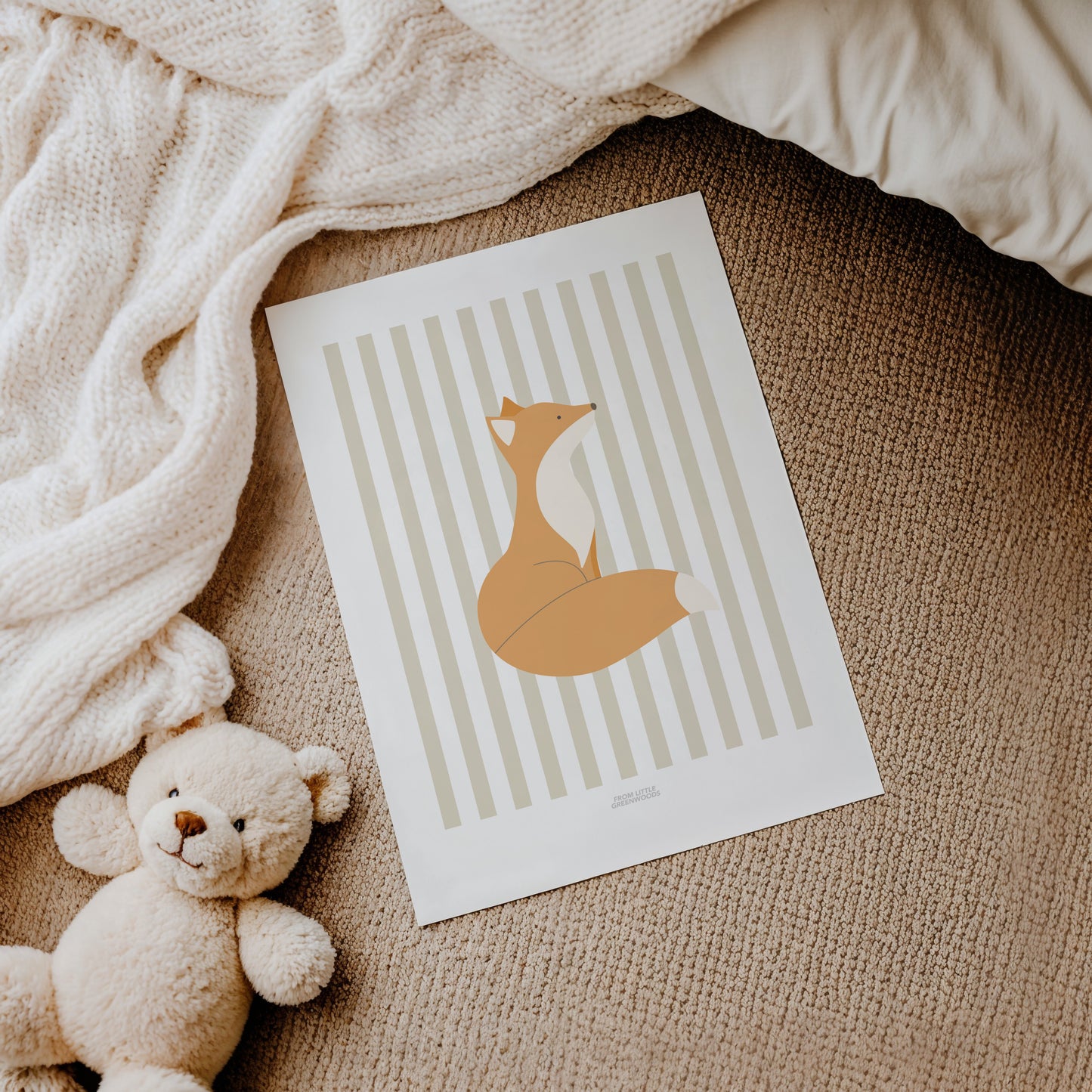 Children's Woodland Fox Print - Oatmeal Stripes