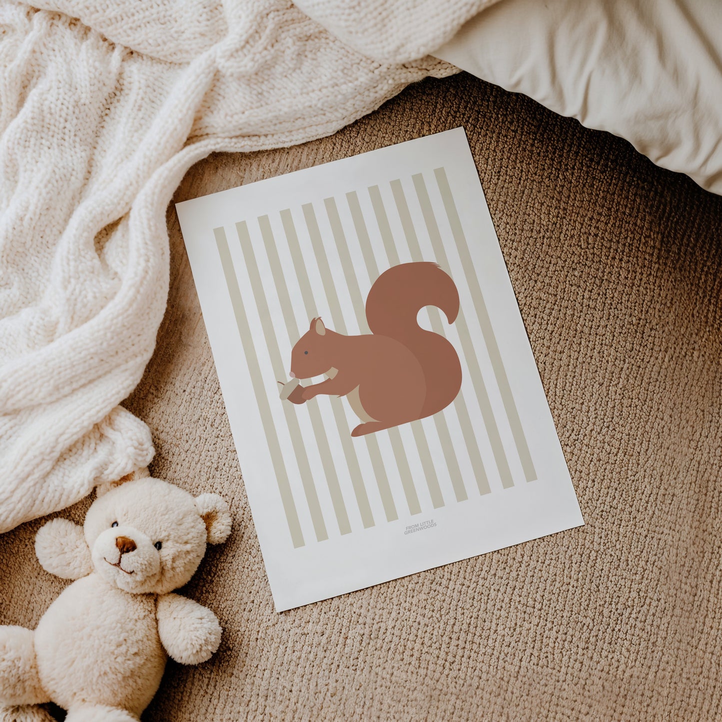Children's Woodland Squirrel Print - Oatmeal Stripes
