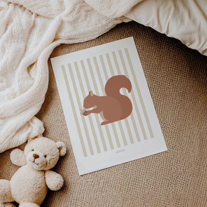 Children's Woodland Squirrel Print - Oatmeal Stripes