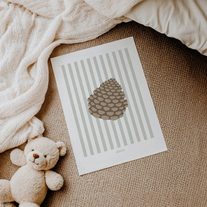 Children's Woodland Pinecone Print - Sage Green Stripes