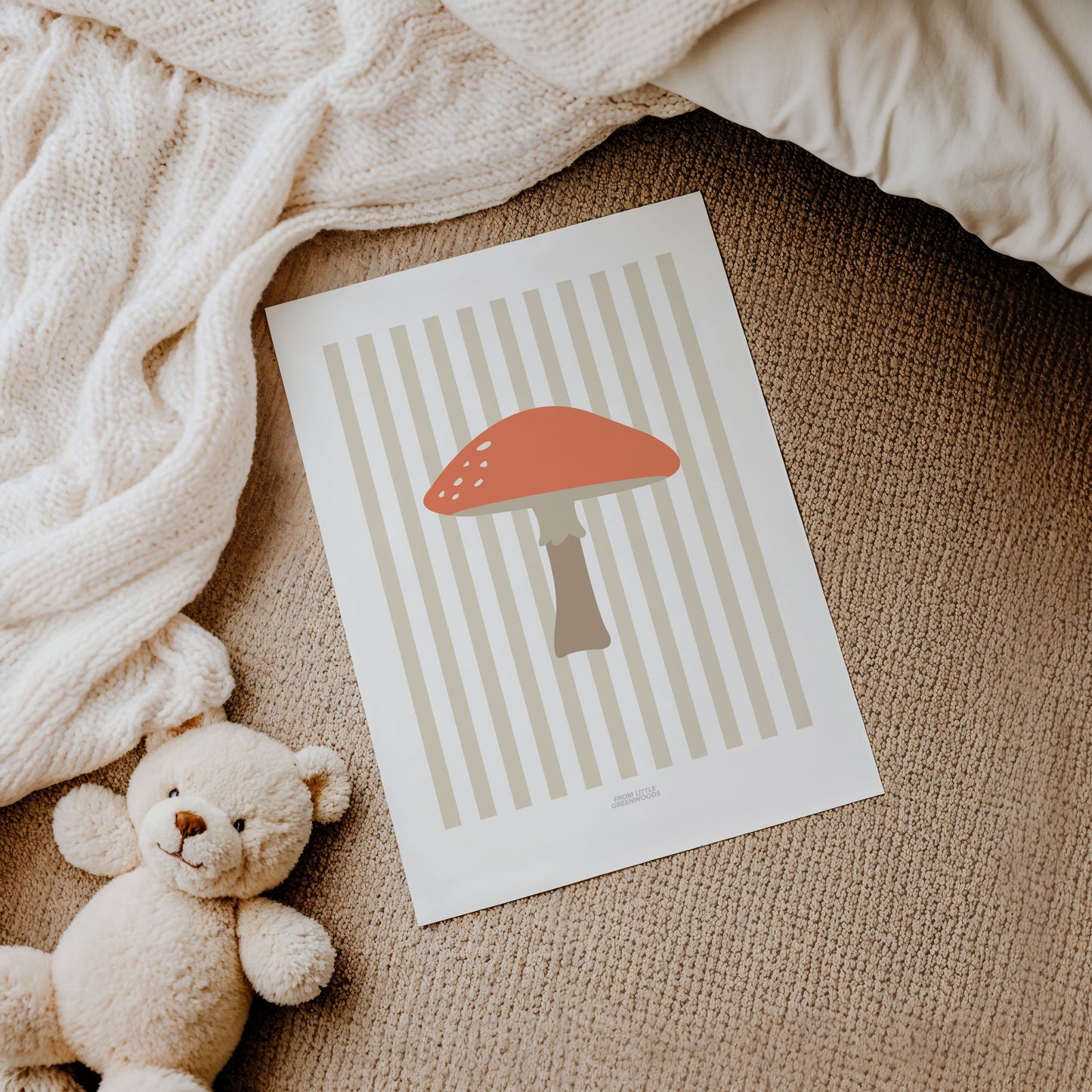 Children's Woodland Toadstool Print - Oatmeal Stripes