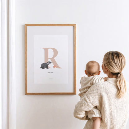 Personalised Woodland Badger Initial Print - Pink