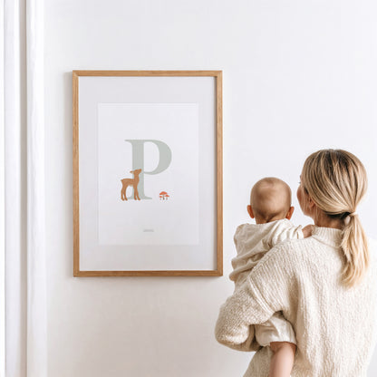 Personalised Woodland Deer Initial Print - Sage Green