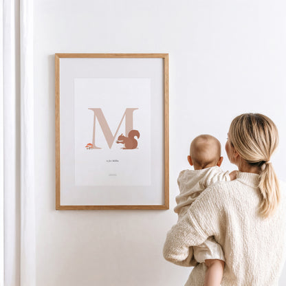 Personalised Woodland Squirrel Initial Print - Pink