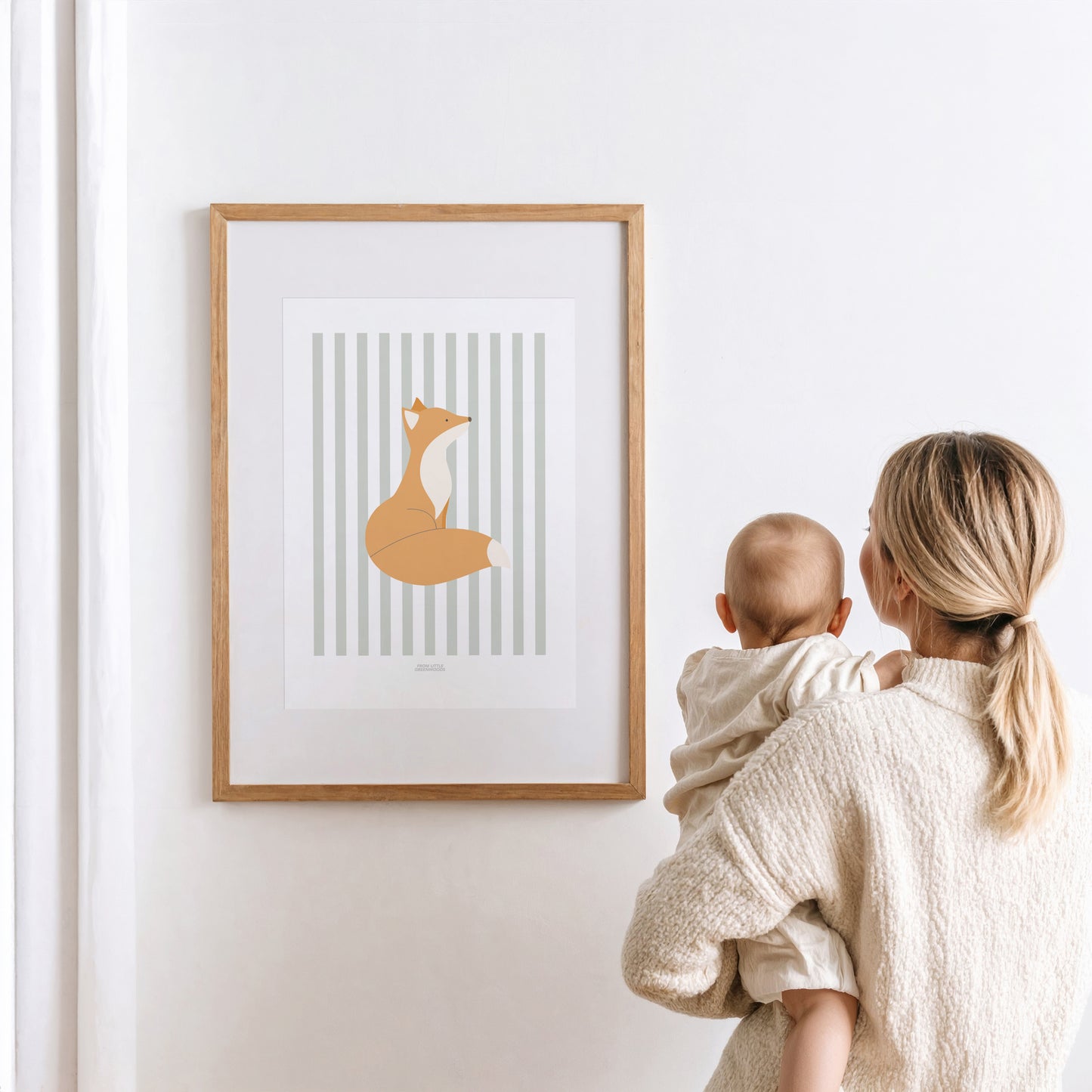 Children's Woodland Fox Print - Sage Green Stripes