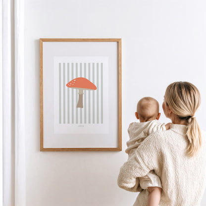 Children's Woodland Toadstool Print - Sage Green Stripes