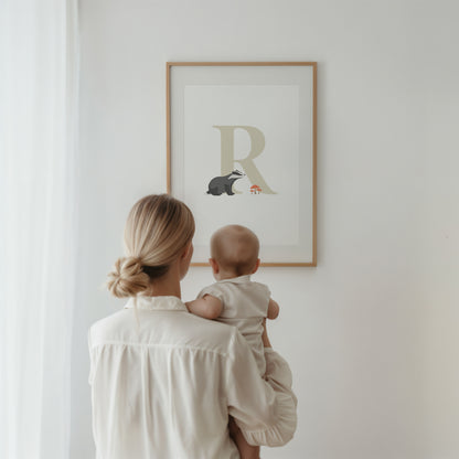Personalised Woodland Badger Initial Print - Oatmeal