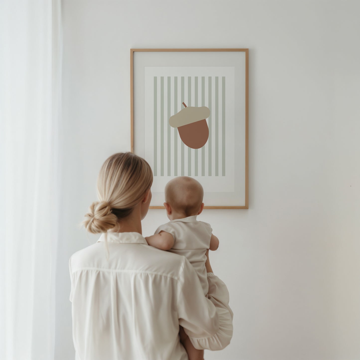 Children's Woodland Acorn Print - Sage Green Stripes