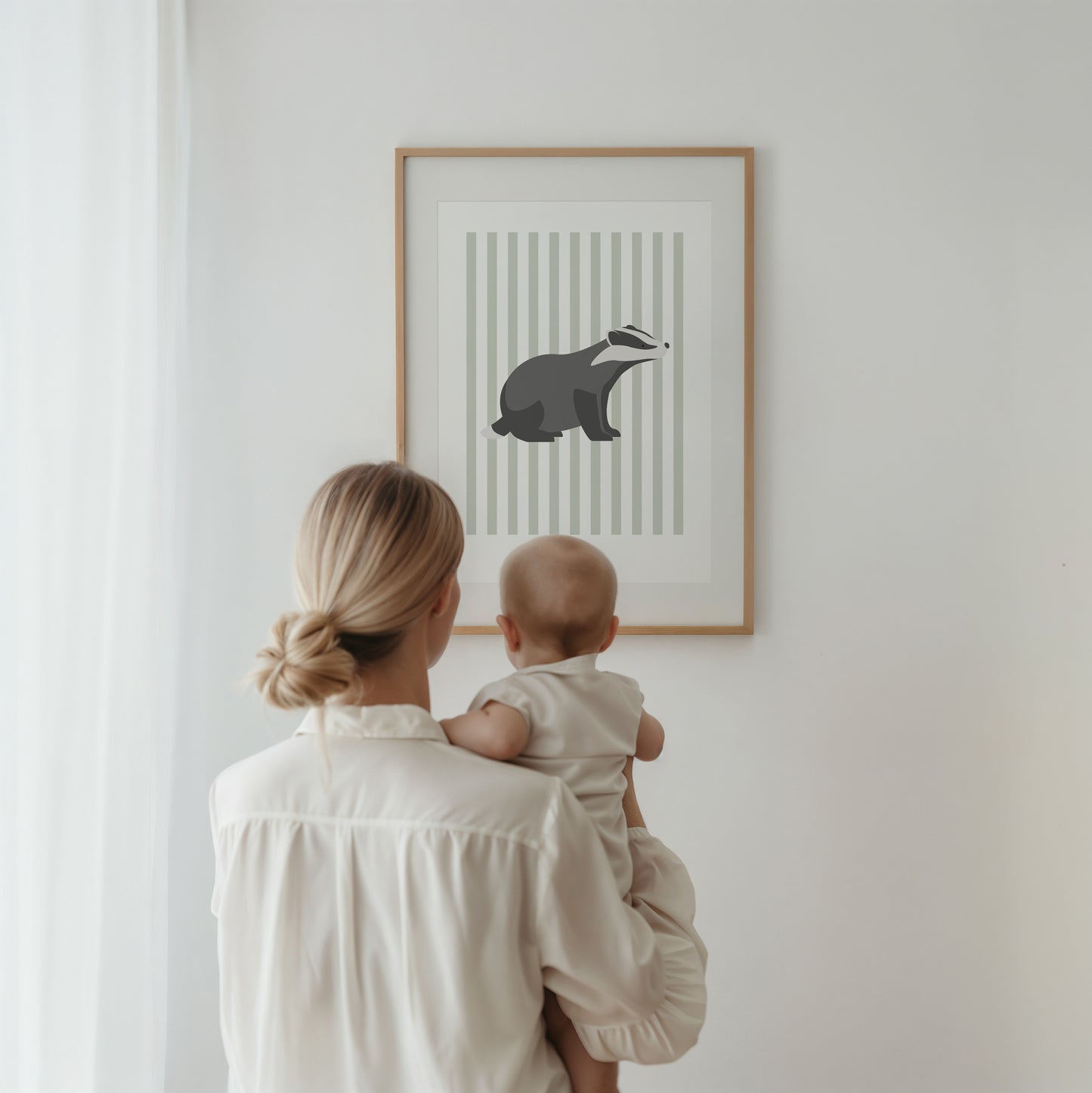 Children's Woodland Badger Print - Sage Green Stripes
