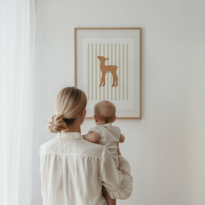 Children's Woodland Deer Print - Oatmeal Stripes