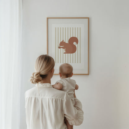 Children's Woodland Squirrel Print - Oatmeal Stripes