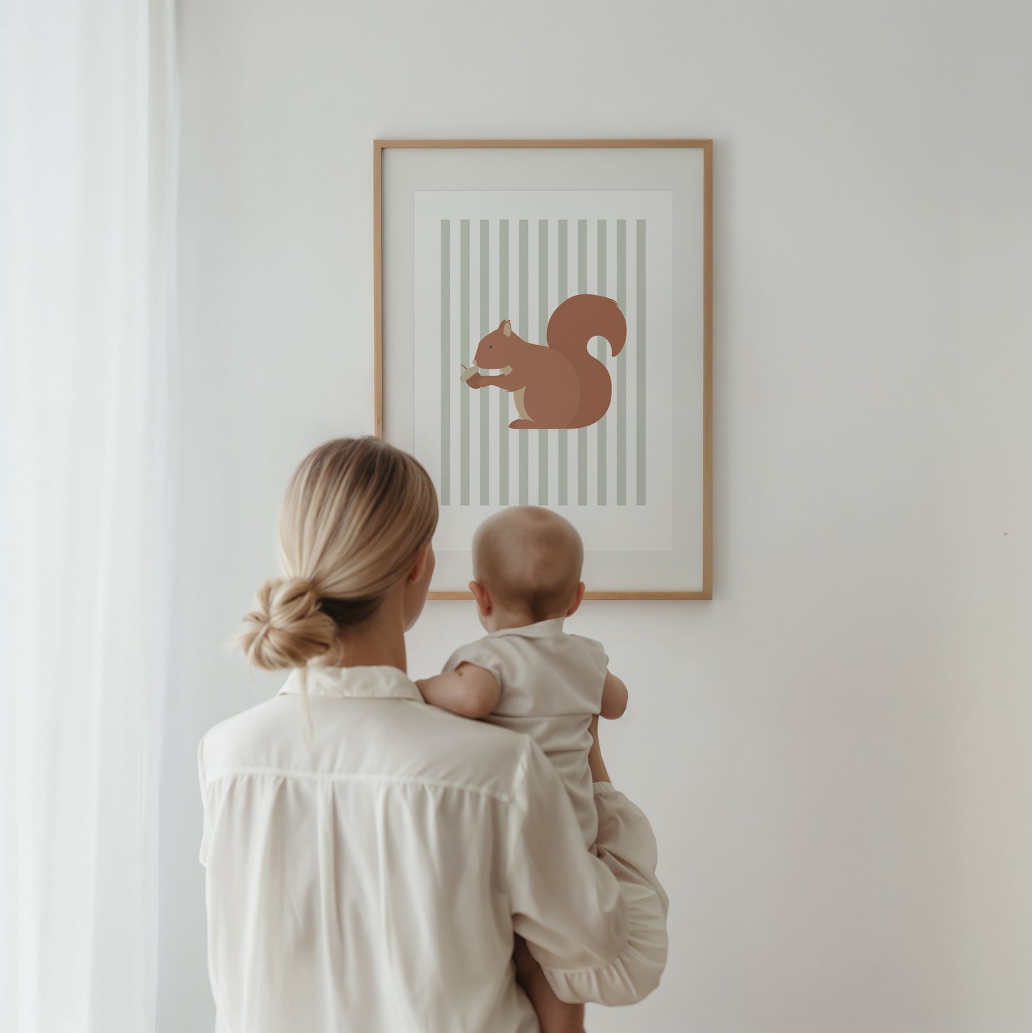 Children's Woodland Squirrel Print - Sage Green Stripes
