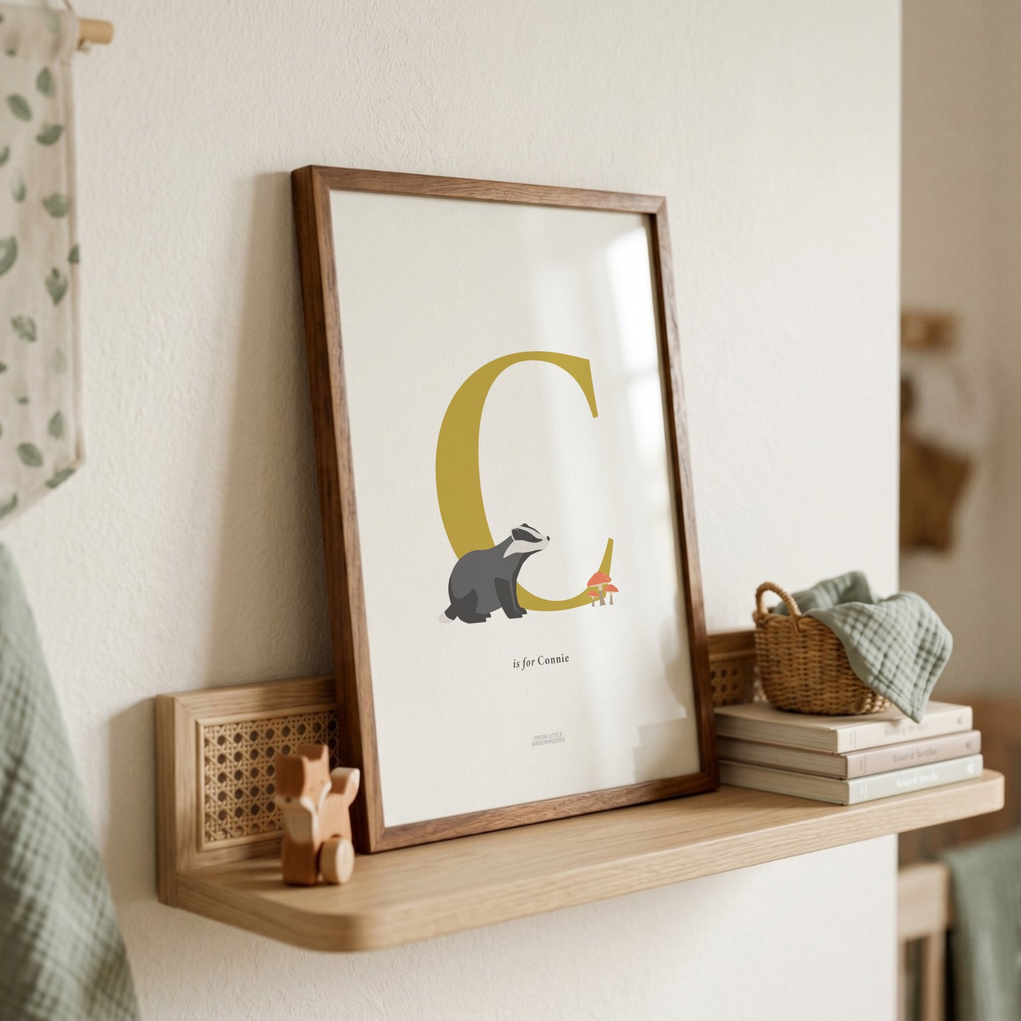 Personalised Woodland Badger Initial Print - Yellow