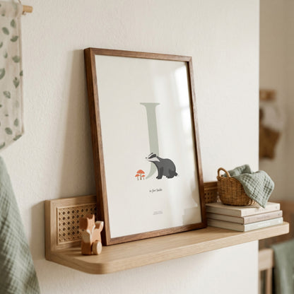Personalised Woodland Badger Initial Print - Sage Green