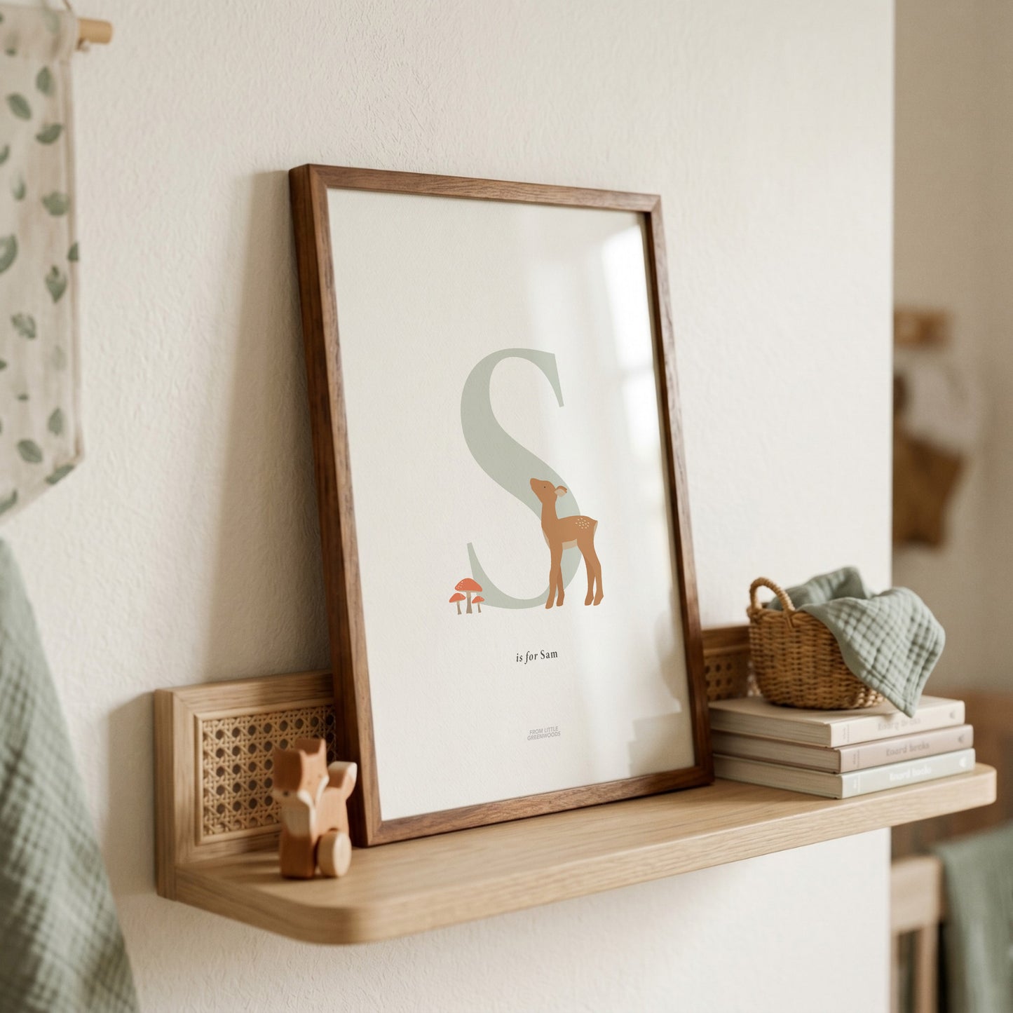Personalised Woodland Deer Initial Print - Sage Green