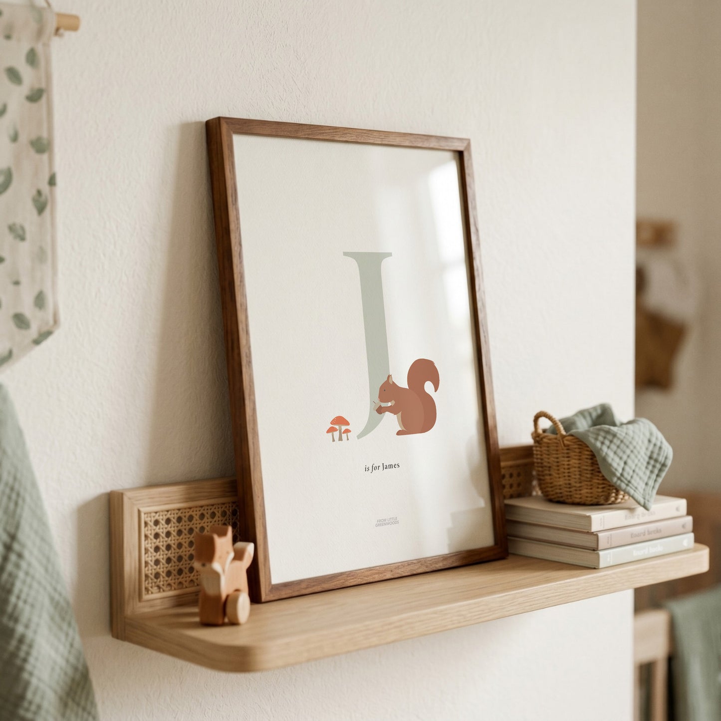 Personalised Woodland Squirrel Initial Print - Sage Green