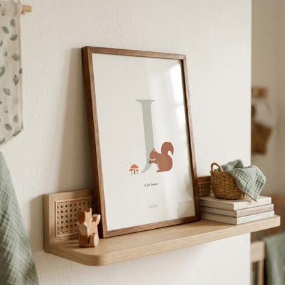 Personalised Woodland Squirrel Initial Print - Sage Green