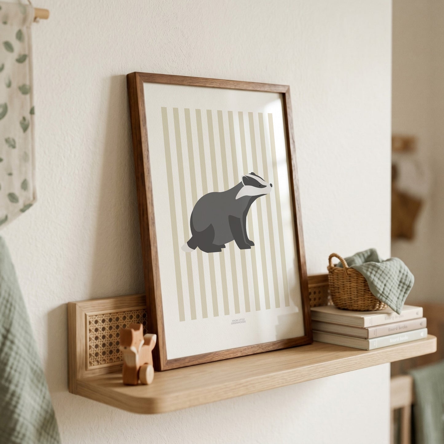 Children's Woodland Badger Print - Oatmeal Stripes