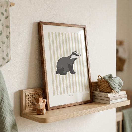 Children's Woodland Badger Print - Oatmeal Stripes