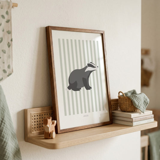 Children's Woodland Badger Print - Sage Green Stripes