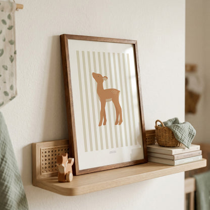 Children's Woodland Deer Print - Oatmeal Stripes