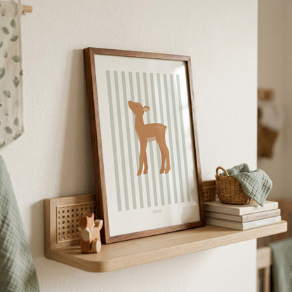Children's Woodland Deer Print - Sage Green Stripes