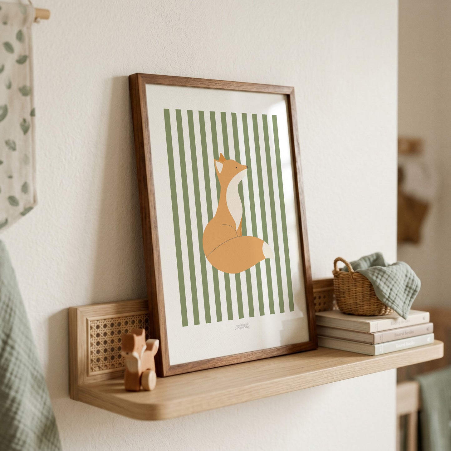 Children's Woodland Fox Print - Green Stripes