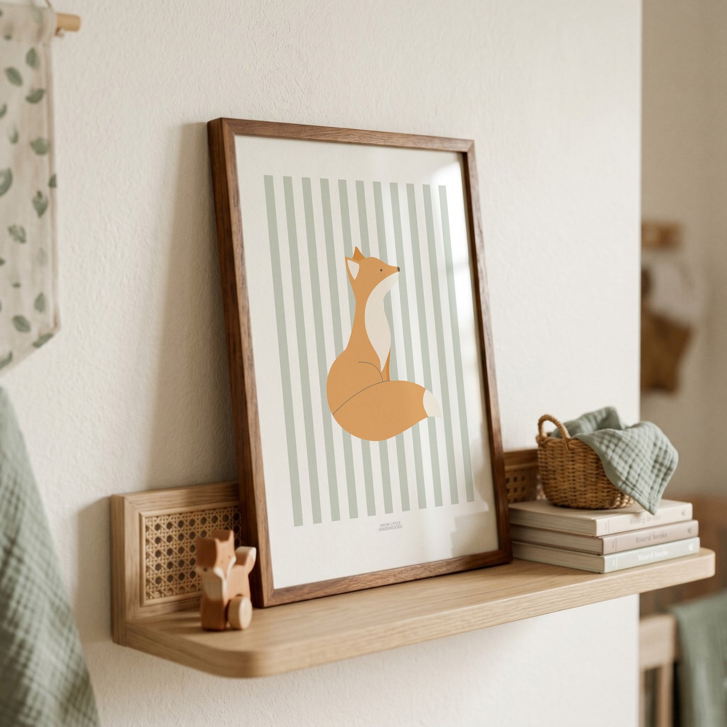 Children's Woodland Fox Print - Sage Green Stripes