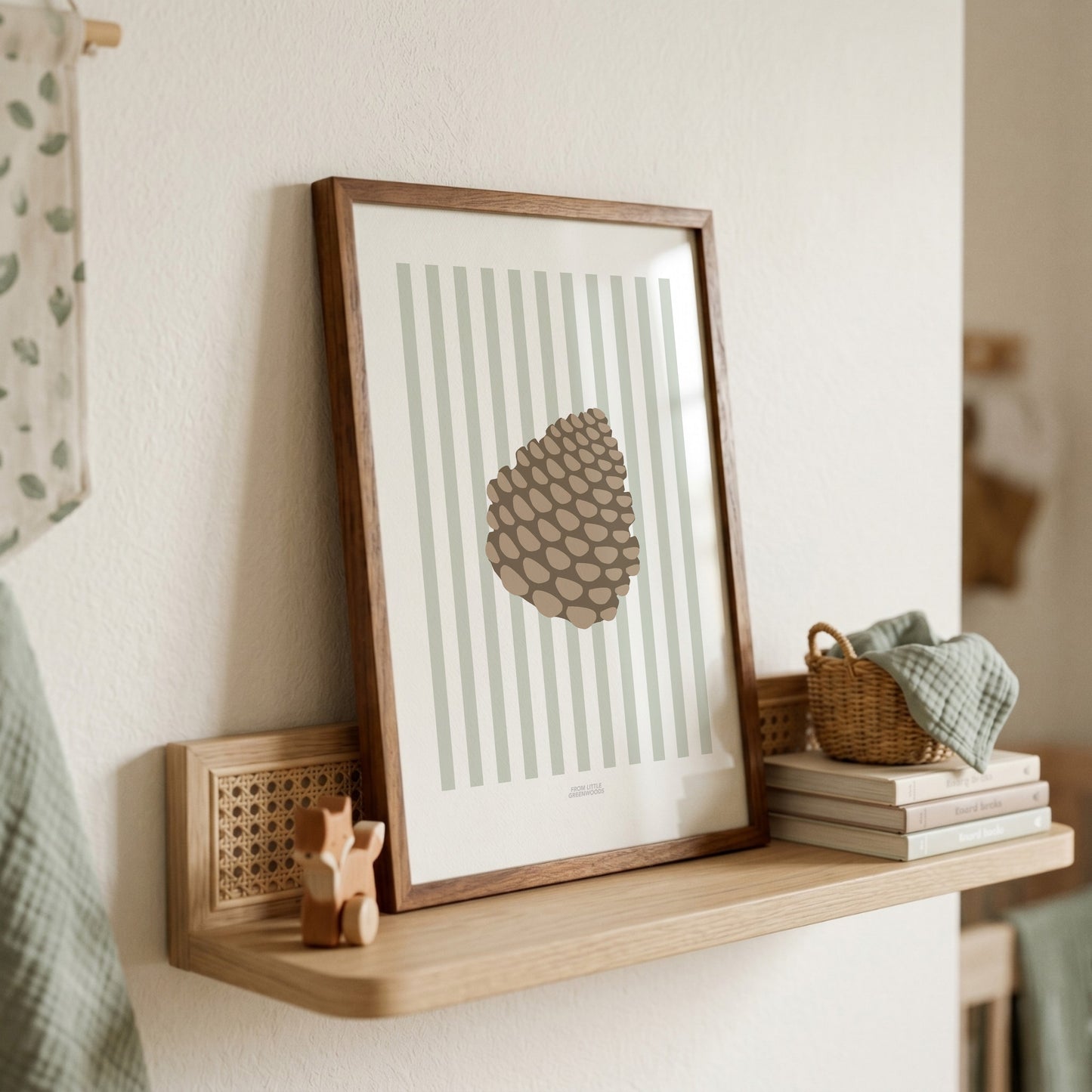 Children's Woodland Pinecone Print - Sage Green Stripes