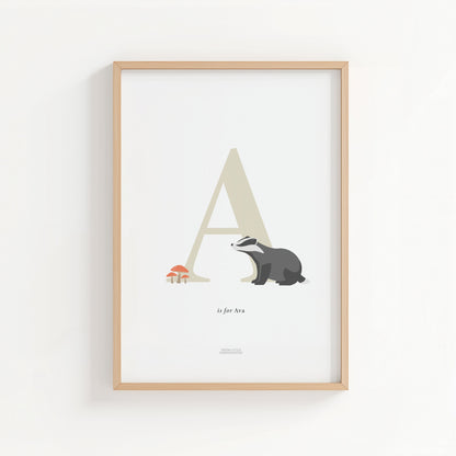 Personalised Woodland Badger Initial Print - Oatmeal