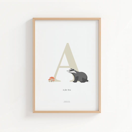Personalised Woodland Badger Initial Print - Oatmeal