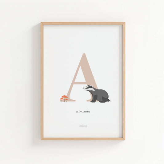 Personalised Woodland Badger Initial Print - Pink