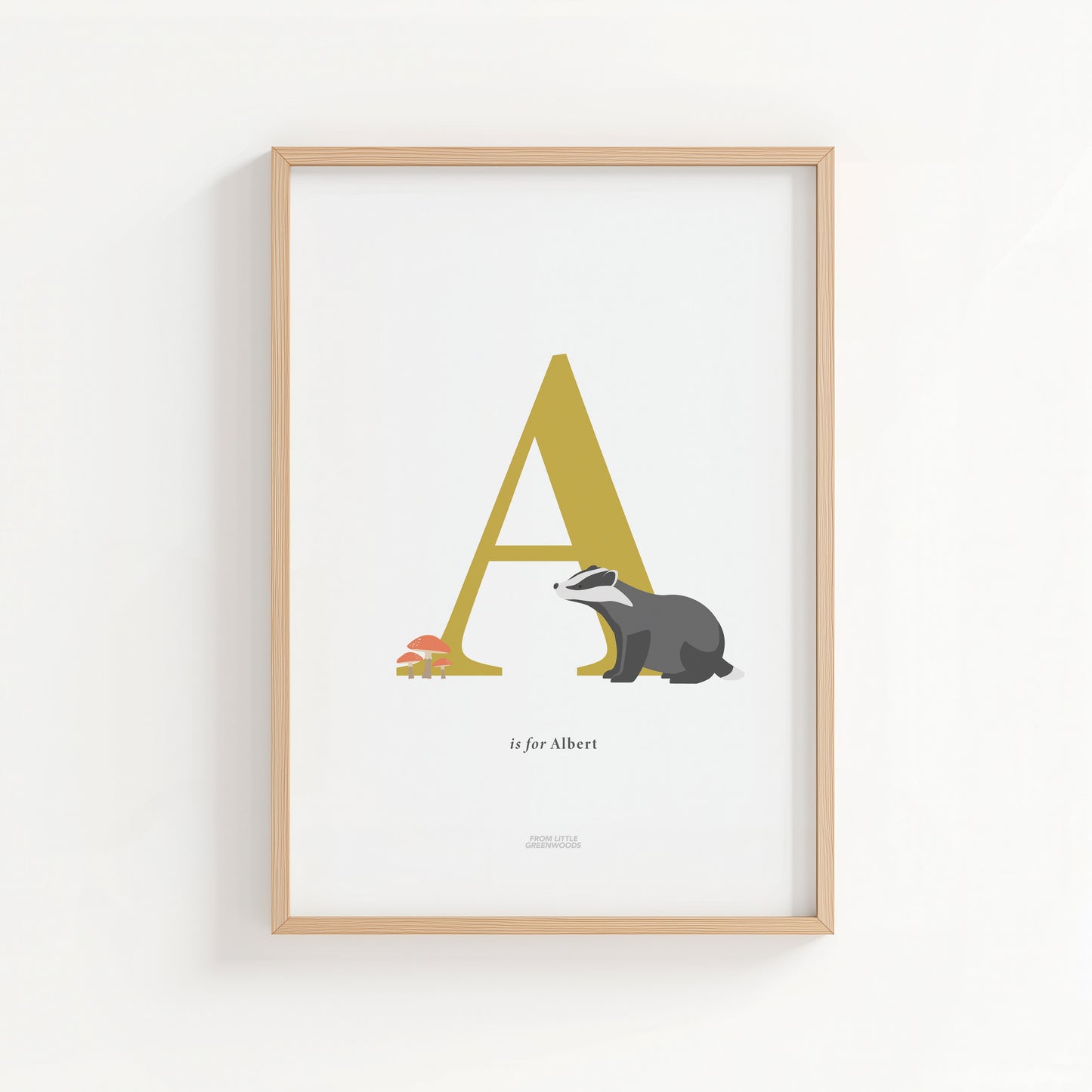 Personalised Woodland Badger Initial Print - Yellow