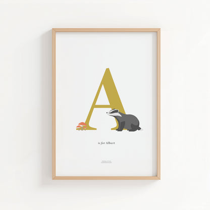 Personalised Woodland Badger Initial Print - Yellow