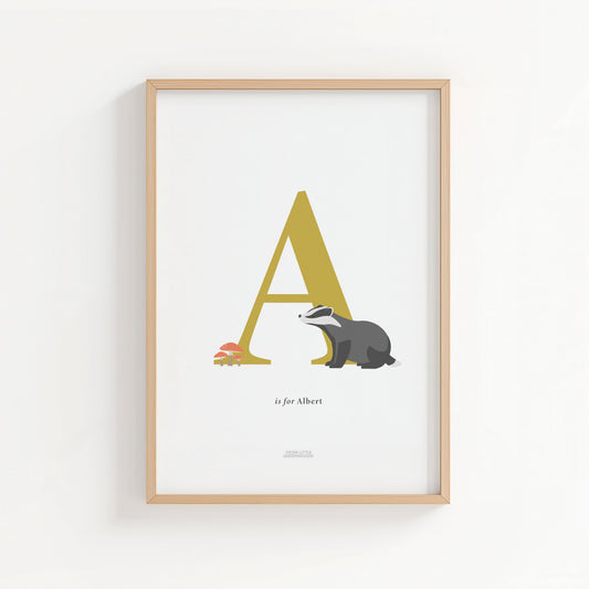 Personalised Woodland Badger Initial Print - Yellow