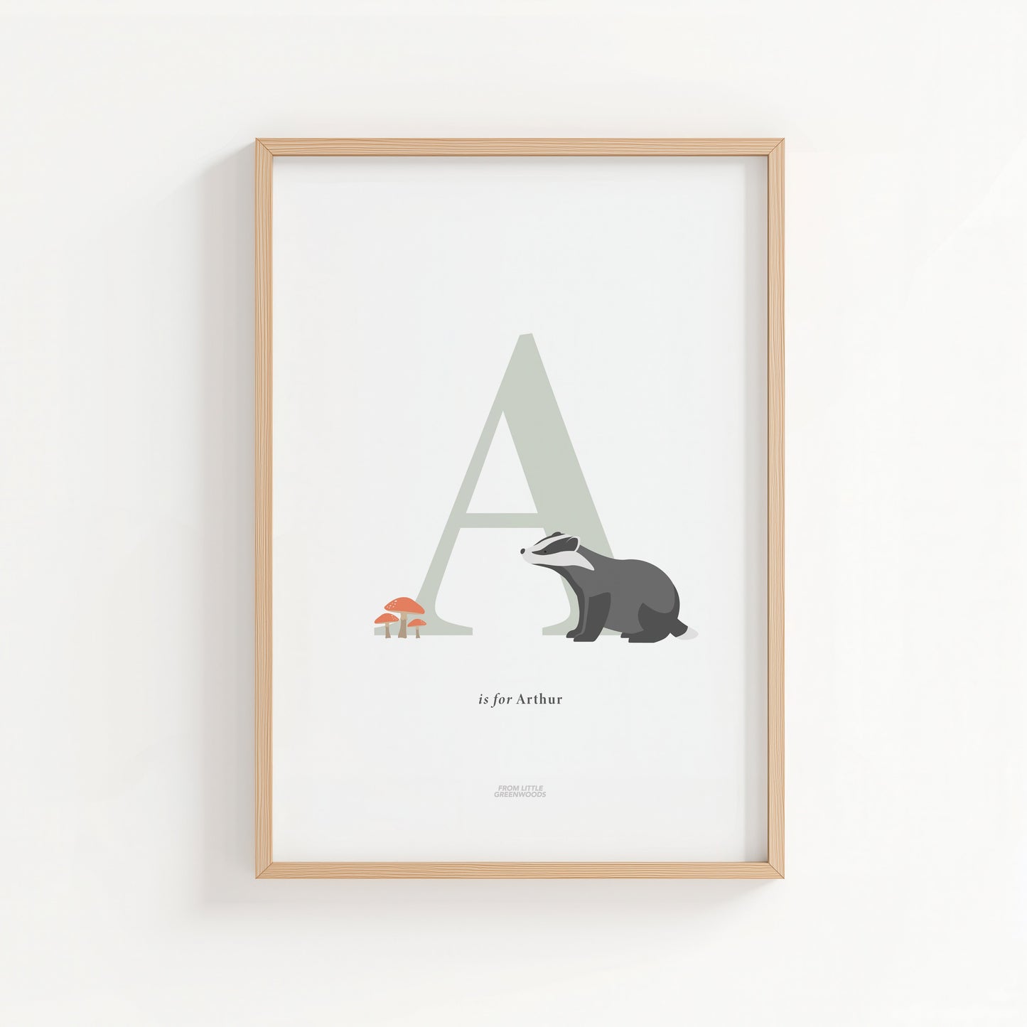 Personalised Woodland Badger Initial Print - Sage Green