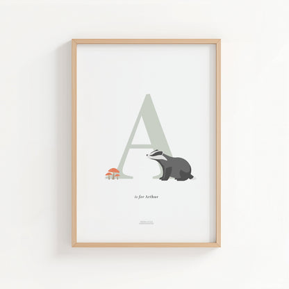 Personalised Woodland Badger Initial Print - Sage Green
