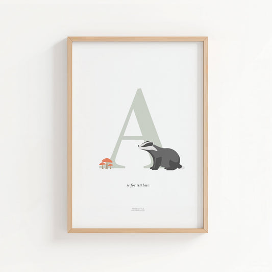 Personalised Woodland Badger Initial Print - Sage Green