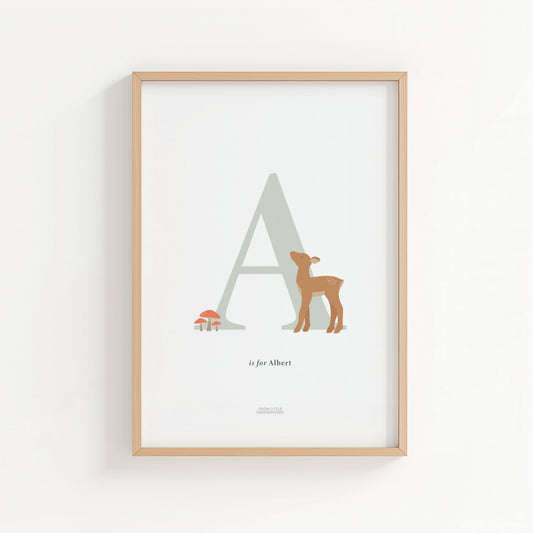 Personalised Woodland Deer Initial Print - Sage Green