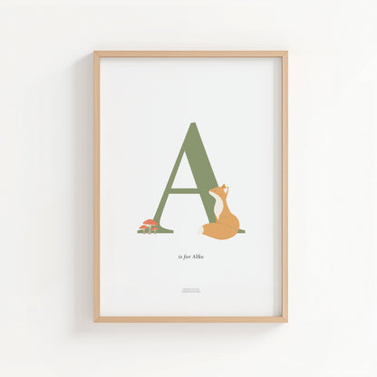 Personalised Woodland Fox Initial Print - Green
