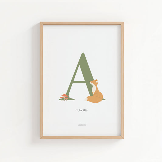 Personalised Woodland Fox Initial Print - Green