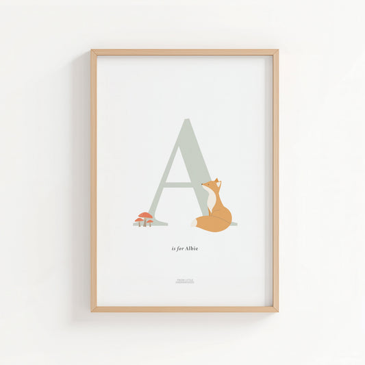 Personalised Woodland Fox Initial Print - Sage Green