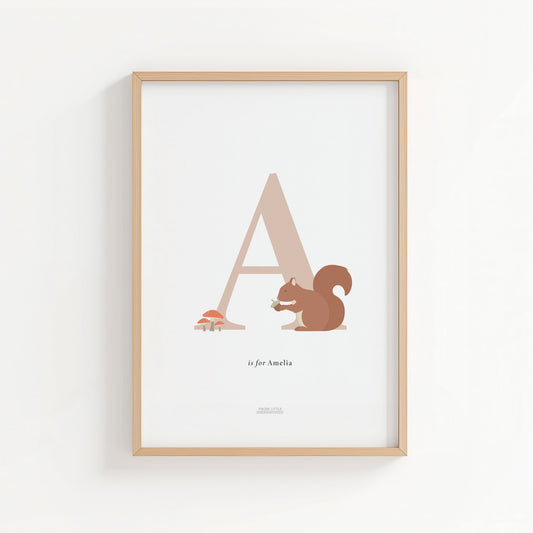 Personalised Woodland Squirrel Initial Print - Pink